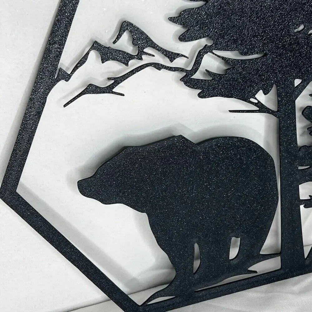 Set 4 Plastic Wall Art Decor Rustic Wildlife Hexagon Silhouettes Bear Wolf Elk